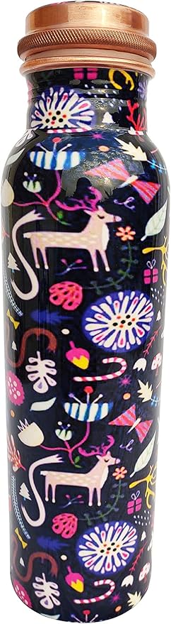 Pure Printed Copper Water Bottle - Leak Proof Ayurvedic Drinkware Copper Vessel for Sports, Gym, Outdoors, Yoga, Health Benefits (30 oz)