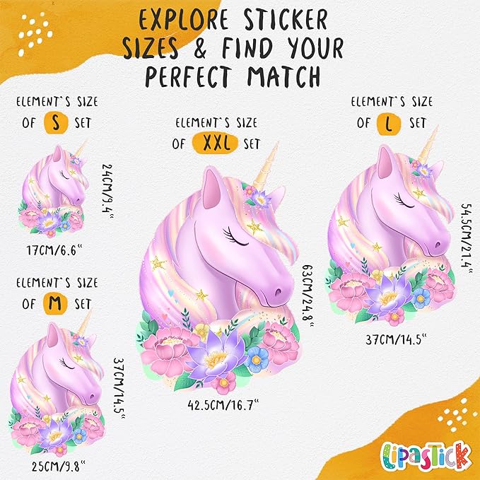 Unicorn Wall Decals Pack of 5 Sheets Stickers by Lipastick - Rainbow Wall Stickers – Princess Castle with Hearts Clouds Stars Wall Decals Decor for Girls Kids Bedroom Birthday Party Size S
