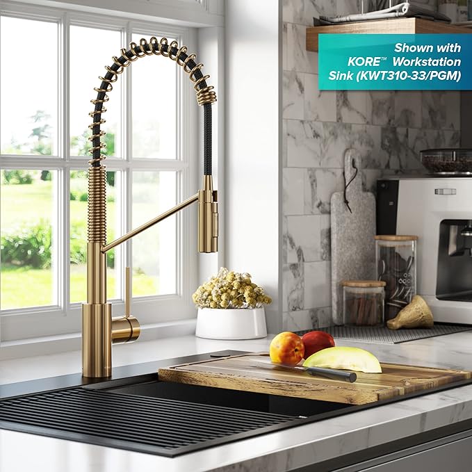 KRAUS Oletto Commercial Style Single Handle Pull Down Kitchen Faucet with QuickDock Top Mount Installation Assembly in Brushed Brass, KPF-2631BB