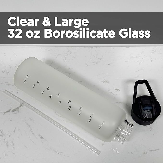 32 oz Motivational Glass Water Bottle with Straw Lid and Neoprene Sleeve | Sport Water Bottle with Measurements (Black)