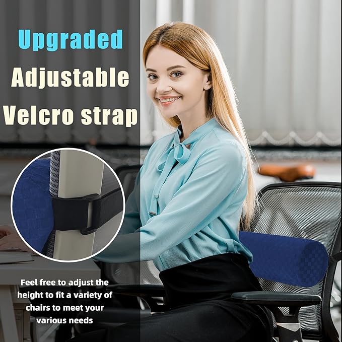 Lumbar Roll Pillow for Lower Back, Lumbar Support Foam Roll Cushion with Pillowcase and Upgraded Strap for Office, Chair, Car, Seat Pain Relief & Improving Posture (Dark Blue, Long-15*4.3'')