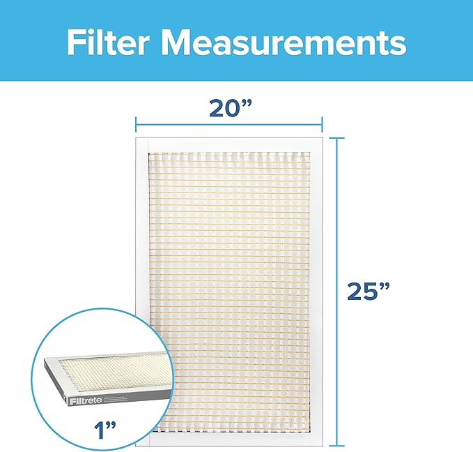 Filtrete 20x25x1 AC Furnace Air Filter, MERV 5, MPR 300, Capture Unwanted Particles, 3-Month Pleated 1-Inch Electrostatic Air Cleaning Filter, 6-Pack (Actual Size 19.69x24.69x0.81 in)