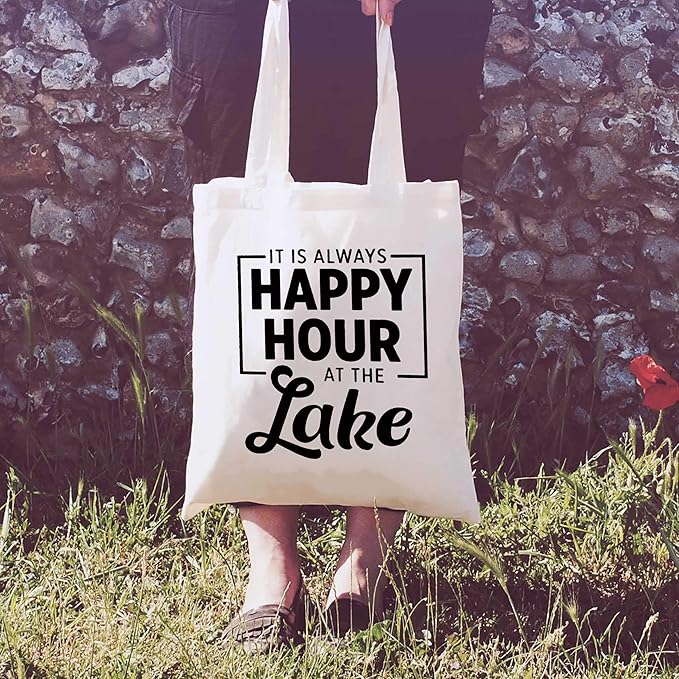 Lake House Gifts,Lake House Decor,It's Always Happy Hour at the Lake -Funny Valentines Day,Birthday Gifts Gifts for Lake Lovers,Friends,Wife,Mom,Grandma,Hostess-Shoulder Bag Shopping Bag Tote Bag Gift