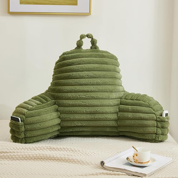 Faux Fur Fluffy Sage Reading Pillow with Pockets, Luxury Striped Plush Decorative, Arm Rests and Back Surport for Bed Rest, Lounging on sofa, Standard