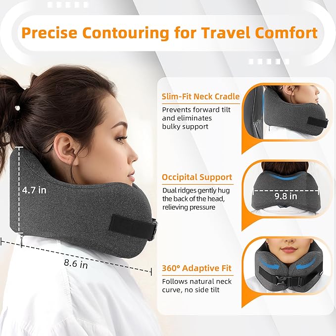 Neck Pillow Airplane Travel Set - Pure Memory Foam Travel Neck Pillow, Plane Pillow for Long Flights Essentials, Sleeping Travel with 3D Contoured Eye Mask, Earplugs, Portable Bag (Gray)