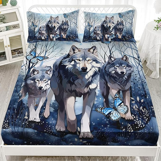 AILONEN Wolf Fitted Sheet Set Full Size for Boys Girls Animal Wolf Wildlife Bed Sheet Set,Tie Dye Wolf Fitted Sheet with 2 Pillowcases,3 Pieces Safari Wolves Print Bed Sheet Set