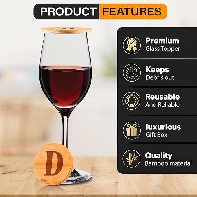 Personalized Wine Glass Charcuterie Topper - Custom Laser Engraved Initial Bamboo Wine Glass Topper Stopper Coasters Plate ID Identification Wine Glass Charcuterie Board Topper (Letter D)