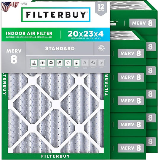 Filterbuy 20x23x4 Air Filter MERV 8 Dust Defense (12-Pack), Pleated HVAC AC Furnace Air Filters Replacement (Actual Size: 19.50 x 22.50 x 3.63 Inches)