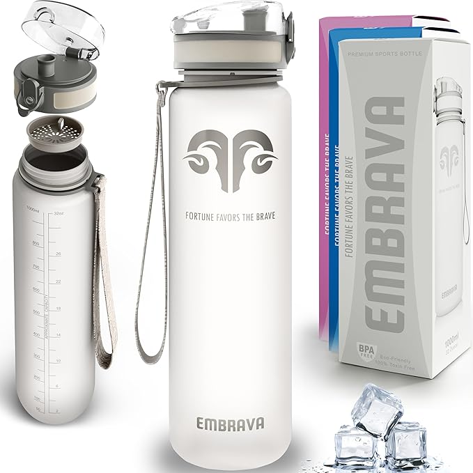 Embrava Sports Water Bottle - 32oz Large - Fast Flow Quick Sip Lid - BPA & BPS Free - Leakproof, Flip Top - Lightweight & Sturdy Tritan Plastic - Strainer for Fruit & Ice