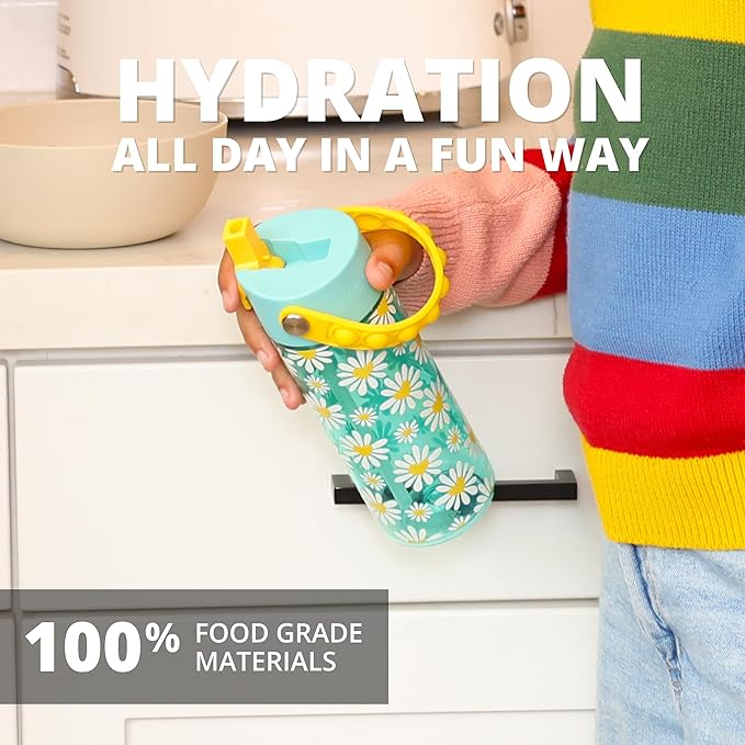 Elemental Leak Proof Water Bottles for Kids - Splash Kids Water Bottle for School with Fun Fidget Pop-it Handle - BPA Free Tritan Plastic Reusable Water Bottle with Straw - Daisy Heart - 18oz