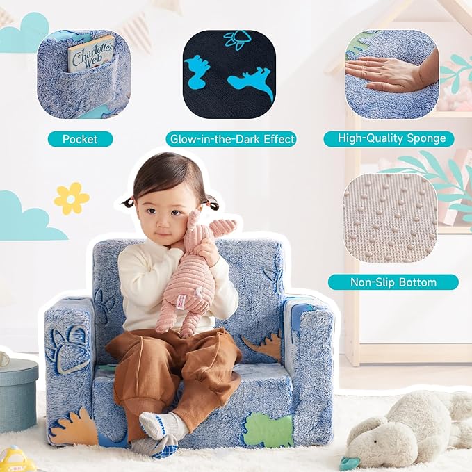 Toddler Chair, Toddler Couch, Kids Couch, Kids Sofa Chair 2 in 1, Comfy Toddler Chair Folding Out for Boys, Girls, Glow in The Dark Extra Soft Open Couch for Playroom, Gifts for Kids, Dinosaur