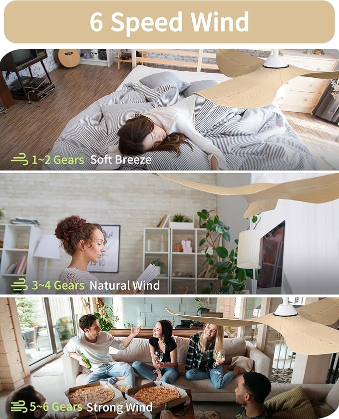 CACI Mall Ceiling Fans Without Lights - 52 Inch Flush Mount Ceiling Fan with 6 Speeds 3 Timer Remote, Quiet Reversible DC Motor and 5"/10"/25" Replacement Downrods (Light Wood Blades)