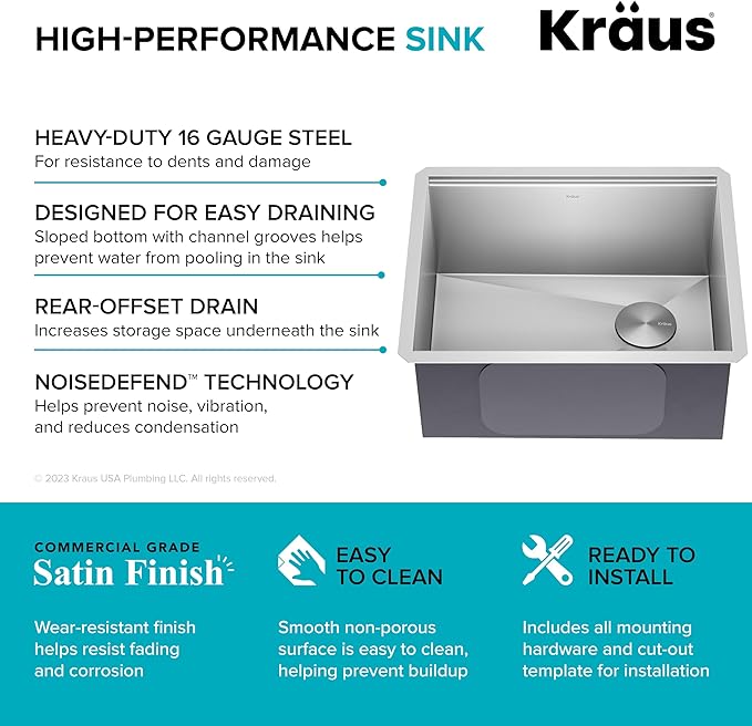 KRAUS KWU111-23 Kore Workstation 23-inch Undermount 16 Gauge Single Bowl Stainless Steel Kitchen Sink with Integrated Ledge and Accessories (Pack of 5)