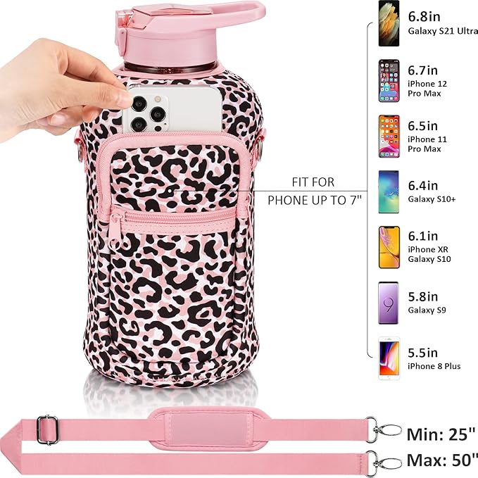 Fimibuke Half Gallon Water Bottle with Sleeve 64 OZ Water Bottle with Handle & Straw Leakproof Motivational Sports Gym Water Bottle with Time Marker BPA Free Water Jug with Reusable Neoprene Holder