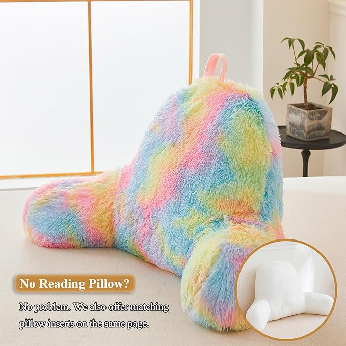 XeGe Fluffy Back Support Pillow Cover for Bed (No Filler), Tie Dye Faux Fur Backrest Pillow Case, Furry Reading Pillow Cover with Arms Adults Kids Girls, Fuzzy Sit Up Study Pillow for Floor, Rainbow