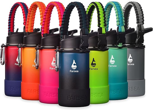 Farsea Insulated Water Bottle With Paracord Handle, Protective Silicone Boot and 2 Lids (Straw Lid & Spout Lid), Stainless Steel Water Bottle Wide Mouth, Double Wall Sweat-Proof BPA-Free,12 oz