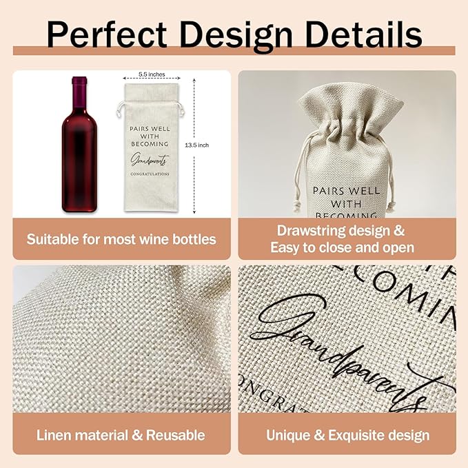 Pregnancy Announcement for Grandparents Wine Gift Bags, First Time Grandparents Gifts for Grandparents, 1pcs Reusable Burlap Wine Gift Bags for Wine Bottles, Baby Announcement Holiday Party Favor -22