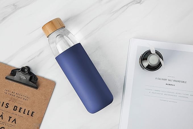 veegoal Glass Water Bottles 18 Oz Borosilicate with Bamboo Lid, BPA-FREE, Non-Slip Silicone Sleeve, and Stainless Steel Leak Proof Lid - Glass Water Bottle for Men and Women