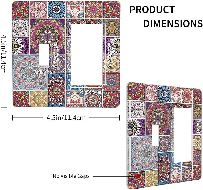 Morocco Talavera Mexican Tiles Printed Colroful Mandala 2 Gang Single Toggle Rocker Combination Light Switch Covers Wall Plate Cover Electrical Faceplate Decorative Switchplate for Kitchen Bathroom