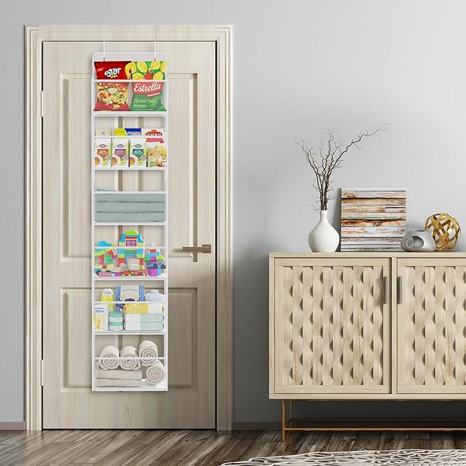 Univivi Over The Door Organizer Hanging Storage, Closet Door Organizer Baby Storage with 6 Clear Plastic Pockets & 2 Big Metal Hooks & Sticker for Cosmetics, Bathroom, Nursery and Sundries