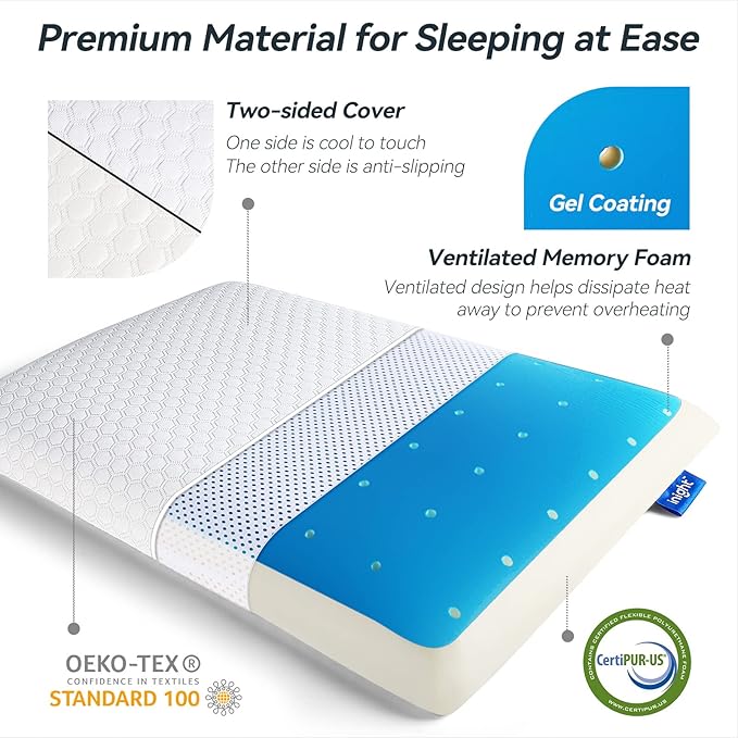 inight Stomach Sleeper Pillows, Thin Memory Foam Pillow, Flat Cooling Gel Pillow for Sleeping Travel with Adjustable Layer-2.75/1.97 inches, Washable Cover, Standard Size with Oeko-TEX & CertiPUR-US