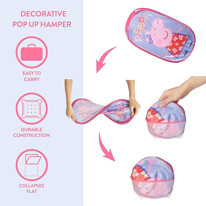 Idea Nuova Peppa Pig Pop Up Hamper with Durable Carry Handles, 21'' H x 13.5'' W X 13.5'' L, Peppa Pig/Light Purple