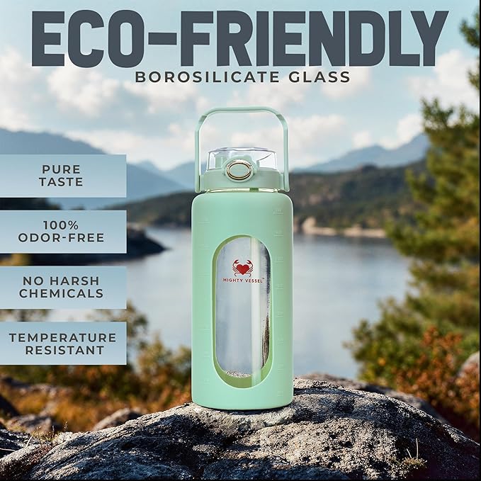 Leakproof 64 oz glass water bottle with Time Markers - Green Large Water Bottle with Measurements - Pregnancy Water Bottle Tracker - Half Gallon Water Bottle with Straw, 2 liter Water Bottle Glass