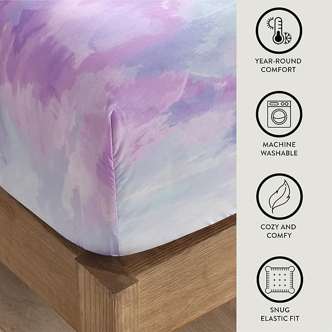 Heritage Kids 3 Piece Sheet Set, Including Top Sheet, Fitted Sheet and Pillow Case, Purple Watercolor Tie Dye, Twin