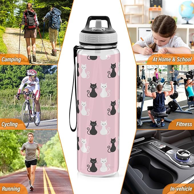 Black White Cat Water Bottle with Straw colorful Sports Bottles BPA-Free Tritan Water Jug with Carrying Strap for Women Men Gym