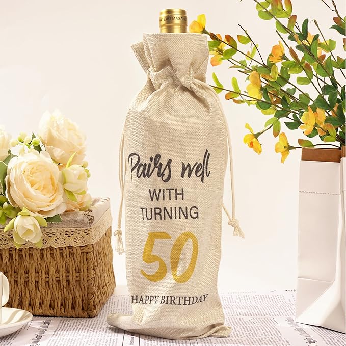 Funny Birthday Wine Bag Gifts - 50th Birthday Gifts 50th Birthday Gift Ideas for Women Men Birthday Gift Red Wine Bag Birthday Party Decor Drawstring Burlap Wine Bottle Bag