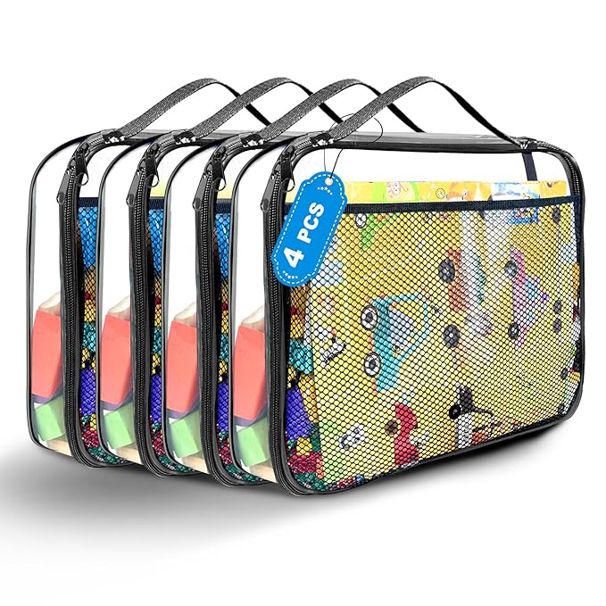 4 Packs PVC Toy Zippered Blocks, Travel Storage Case Bags for Organizing, Waterproof Toy Storage Bags with Mesh Pockets for Building Blocks, Puzzles, Clays,Toy Cars 11.8"Lx3" Wx9" H (Black).