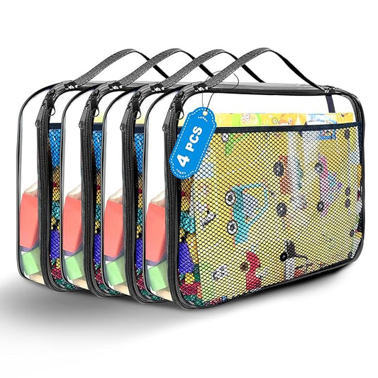 4 Packs PVC Toy Zippered Blocks, Travel Storage Case Bags for Organizing, Waterproof Toy Storage Bags with Mesh Pockets for Building Blocks, Puzzles, Clays,Toy Cars 11.8"Lx3" Wx9" H (Black).