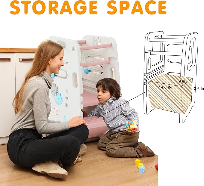 SDADI Multifunctional Toddler Tower with Double Safety Rails - Adjustable & Non-Slip for Kitchen and Bathroom Use - Montessori Step Stool for Kids, Beige and Pink