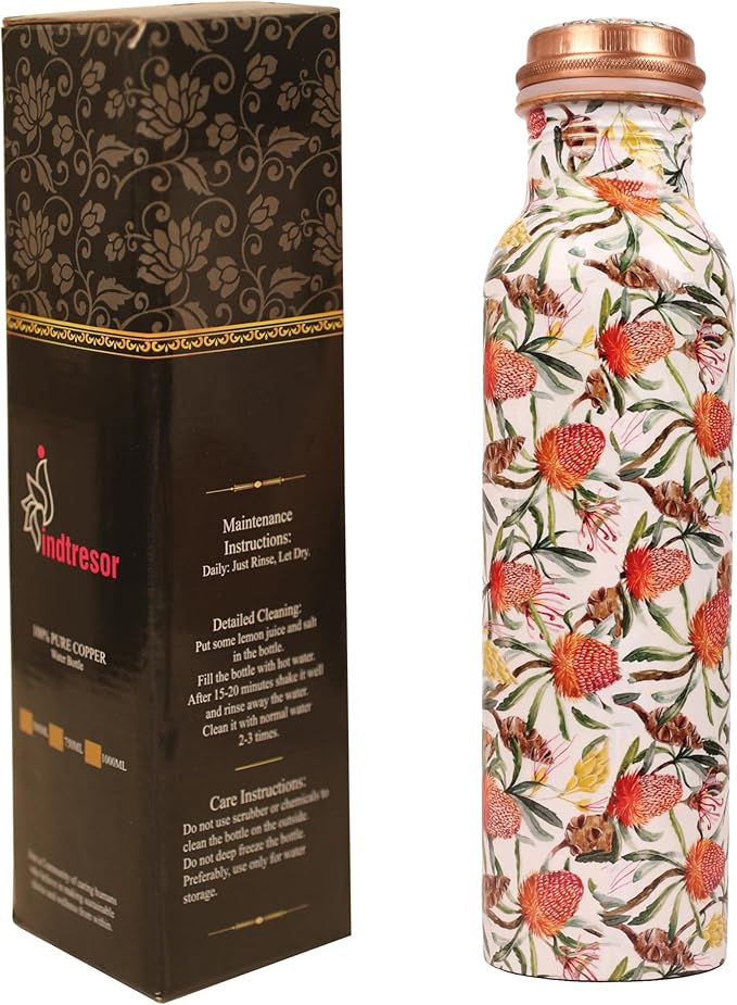 Pure Copper Water Bottle - Handcrafted - Ayurveda Health Benefits -Fruits Prints 35 OZ - Leak proof - Easy to carry For Sports, Fitness, Yoga, School - Vintage Enamel.