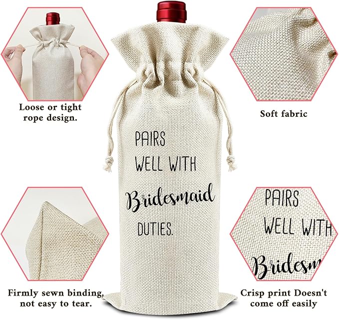 Pairs Well with Bridesmaid Duties - Gifts for Maid of Honor Wine Bags, 1 PC Reusable Drawstring Burlap Wine Bottle Bags, Wedding Gifts for Women Ladies, Bridal Shower Party Decorations -14