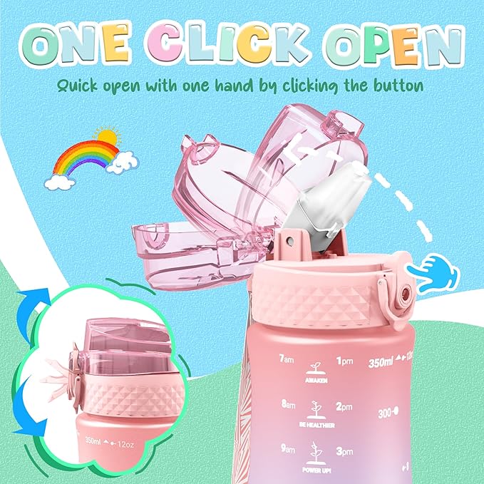 OLDLEY Kids Water Bottle for School, 12 oz (2 lids) BPA-Free Reusable Leak-proof Durable Tritan Plastic Bottles with Straw & Chug Lids, Anti-dust Spout Cover (Pink Blue)