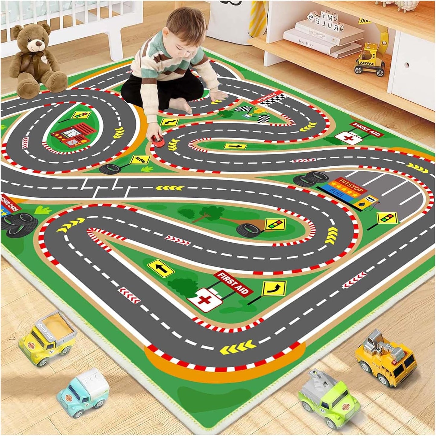 Kids Rug Play mat Playroom Rugs Car Rugs for Kids Toy Cars Race Track for Classroom Rug (Race-Green, 3.3x4.9ft)