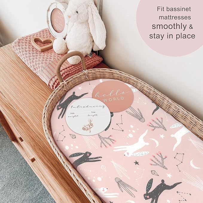 GRSSDER Stretchy Ultra Soft Fitted Bassinet Sheet Set 2 Pack, Universal Fit for Bassinets Baby Cradle Moses Basket Oval Rectangle Pad/Mattress, Cute Foxes and Rabbits Bassinet Sheets for Girls