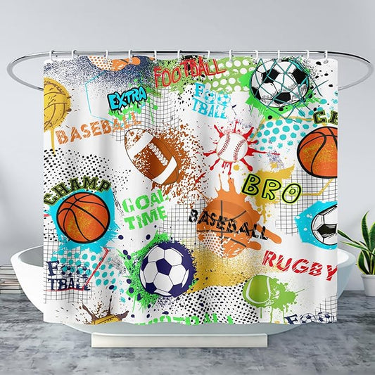 AILONEN Sport Shower Curtain,Graffiti Basketball Football Baseball Rugby Sport Art Bath Curtain Minimalist Bathroom Curtain 36" W*72" H Polyester Waterproof Bathroom Curtain with 12 Hooks