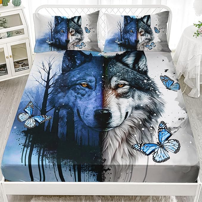 AILONEN Wolf Fitted Sheet Set Twin Size Tie Dye Wolf Sheet Set for Boys Girls,Animal Wolf Wildlife Bed Sheet with 2 Pillowcases,3 Pieces Watercolor Wolf Print Bed Sheet Set