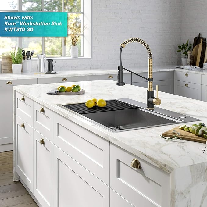 Kraus KPF-1610SFACBMB Bolden 18-Inch Single Handle Commercial Style Pull-Down Kitchen Faucet with Dual Function Sprayer, Spot Free Antique Champagne Bronze/Matte Black