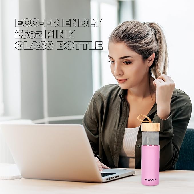 HYDRATE Glass Water Bottles 25 oz - Gym Drinking Bottles with Slip Resistant Silicone Sleeve and Leak Proof Bamboo Lid - Clear Sports Bottle Made of Borosilicate Glass - 10 x 3 inches - Pink