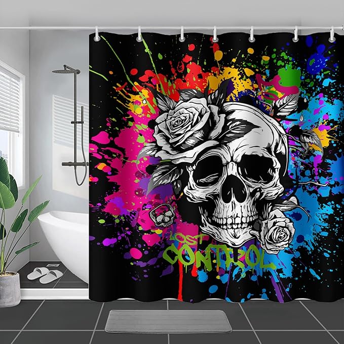 AILONEN Rose Skull Shower Curtain for Bathroom,Colorful Graffiti Art Bathroom Curtain for Kids Boys Girls,Bath Curtain 72" W*78" H Polyester Waterproof Bathroom Curtain with 12 Hooks
