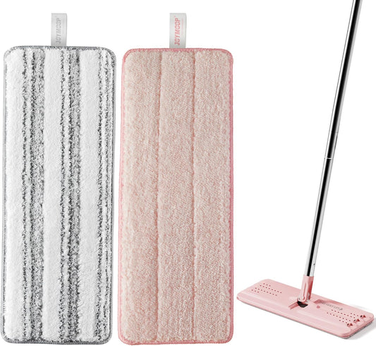JOYMOOP Mop Replacement Pads, Reusable Microfiber Mop Pads for 13-inch Flat Mop and Mop Bucket Set, Pack of 2 Refills - Stripe and Pink