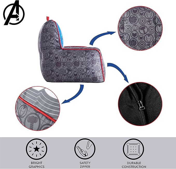 Idea Nuova Marvel Avengers Toddler Nylon Bean Bag Chair with Piping & Top Carry Handle, Large