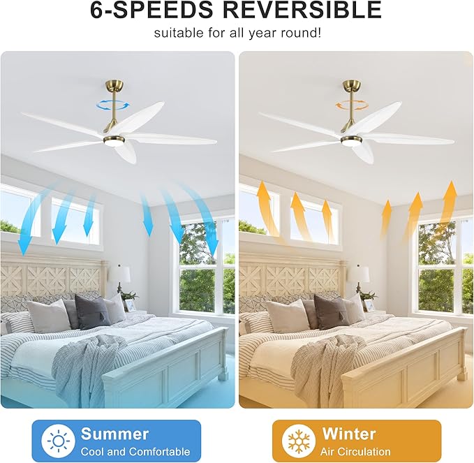 54 Inch Modern Ceiling Fan with Lights and Remote, 5 Wood Blades, 6-Speed Noiseless Reversible DC Motor with Replaceable Downrods for Bedroom Living Room Dining Room, White and Gold.