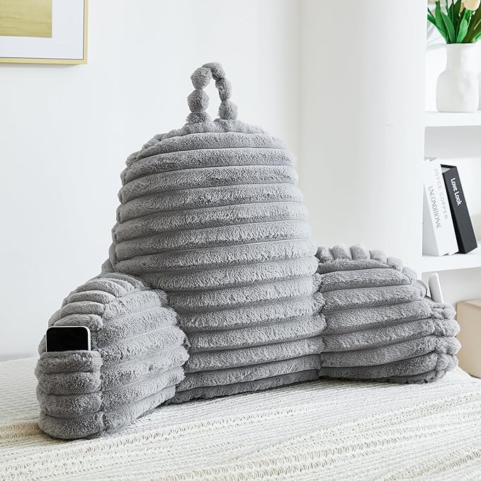 Faux Fur Fluffy Gray Reading Pillow with Pockets, Luxury Striped Plush Decorative, Arm Rests and Back Surport for Bed Rest, Lounging on Sofa, Large