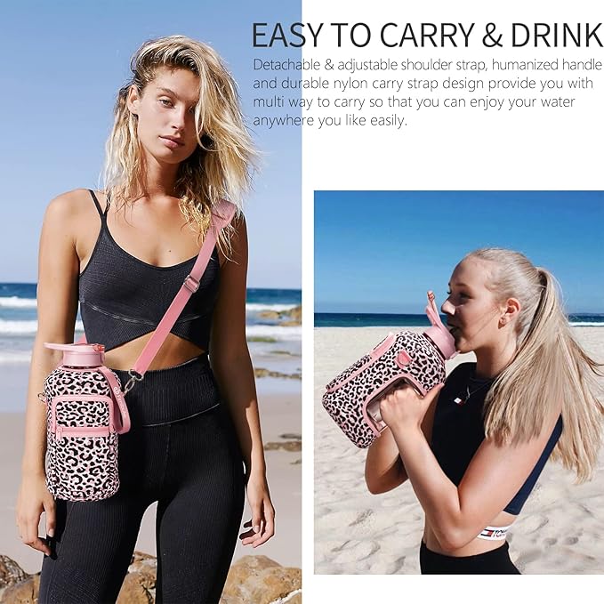 Fimibuke Half Gallon Water Bottle with Sleeve 64 OZ Water Bottle with Handle & Straw Leakproof Motivational Sports Gym Water Bottle with Time Marker BPA Free Water Jug with Reusable Neoprene Holder