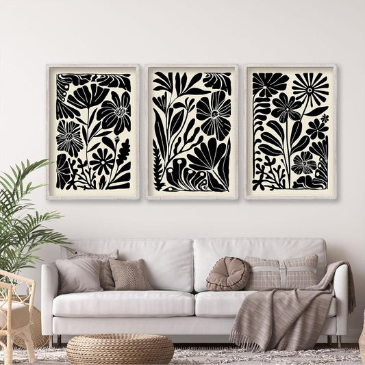 Abstract Floral Botanical Wall Art 16x11 Inch 3 Piece Black Vintage Boho Plant Flower Minimalist Wood Frame Sign Home Living Room Family Office Mid Century Print Wall Hanging Decor (White)