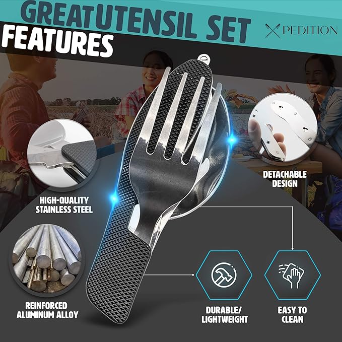 Collapsible Water Bottle, Stainless Steel Fork Knife Spoon Bottle Opener Travel Cutlery, Flat Folding Camping silverware utensils, Lunch Cutlery, Survival Gear, Flatware Tableware - Hiking Equipment